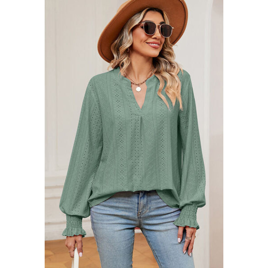 Eyelet Notched Long Sleeve T - Shirt Apparel and Accessories