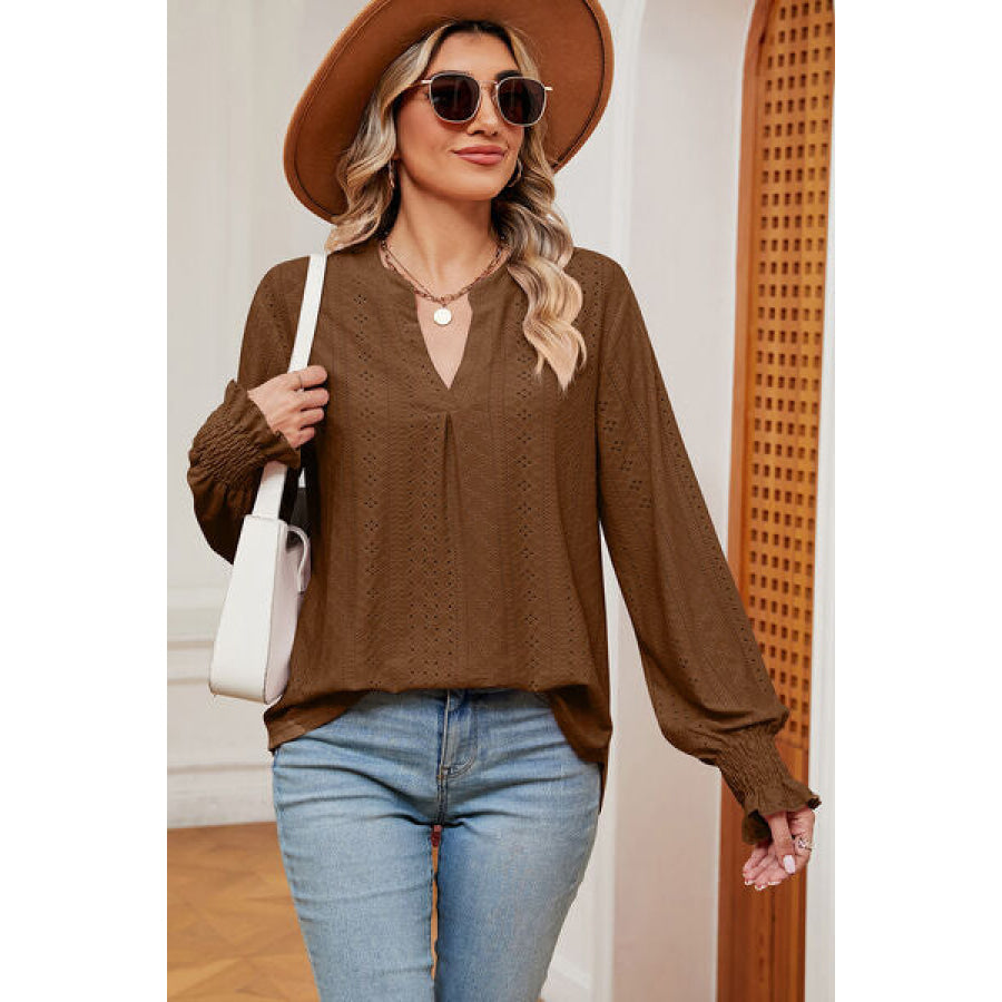 Eyelet Notched Long Sleeve T - Shirt Caramel / S Apparel and Accessories