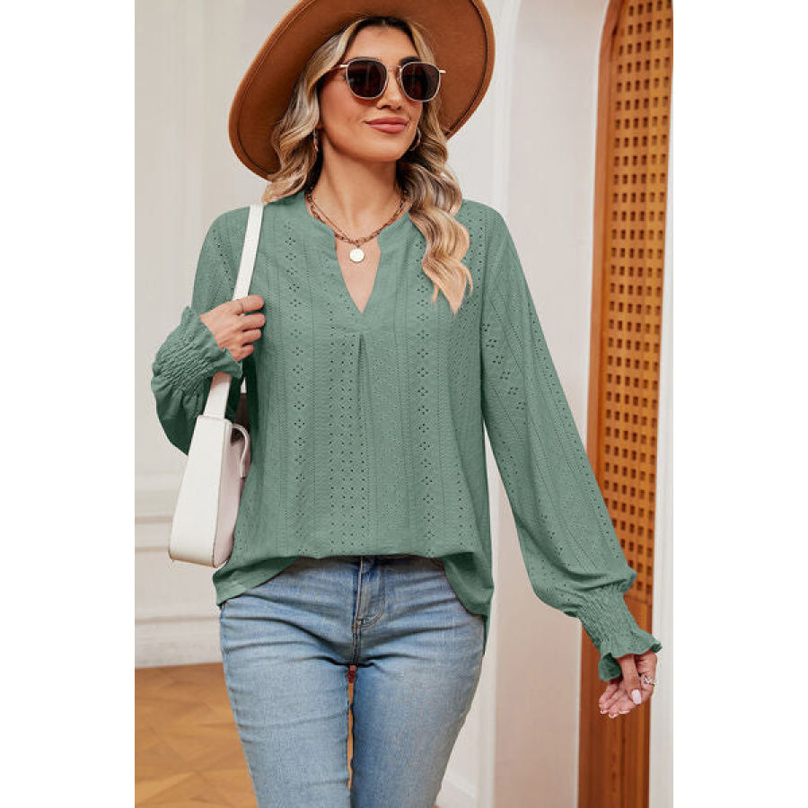 Eyelet Notched Long Sleeve T - Shirt Green / S Apparel and Accessories