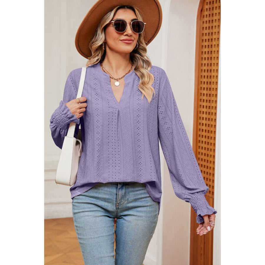 Eyelet Notched Long Sleeve T - Shirt Lavender / S Apparel and Accessories