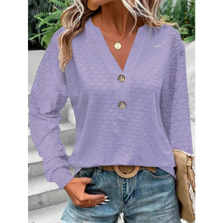 Eyelet Notched Long Sleeve T - Shirt Lavender / S Apparel and Accessories