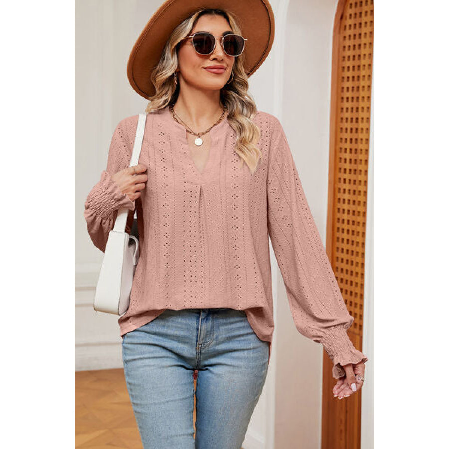 Eyelet Notched Long Sleeve T - Shirt Pale Blush / S Apparel and Accessories