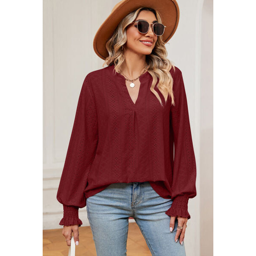 Eyelet Notched Long Sleeve T - Shirt Wine / S Apparel and Accessories