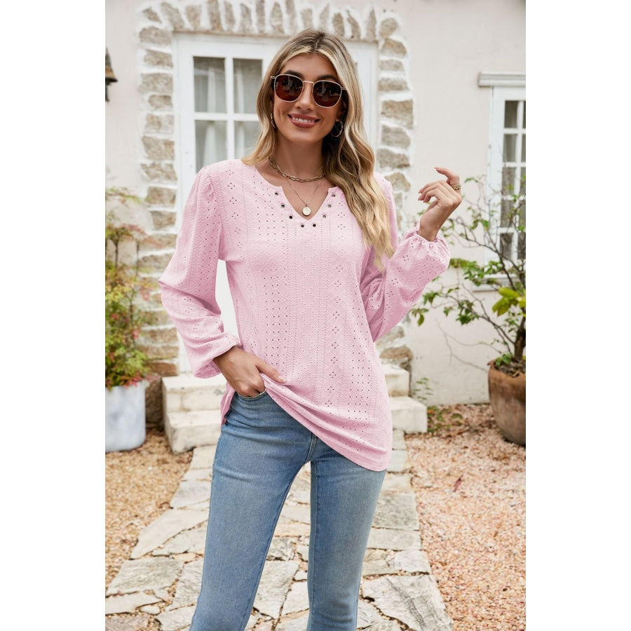 Eyelet Notched Neck Balloon Sleeve Blouse Blush Pink / S