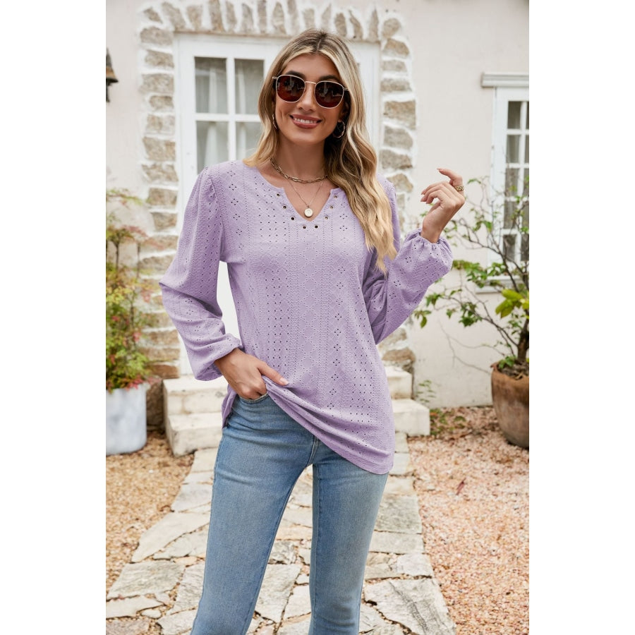 Eyelet Notched Neck Balloon Sleeve Blouse Lavender / S