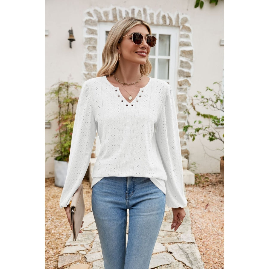 Eyelet Notched Neck Balloon Sleeve Blouse