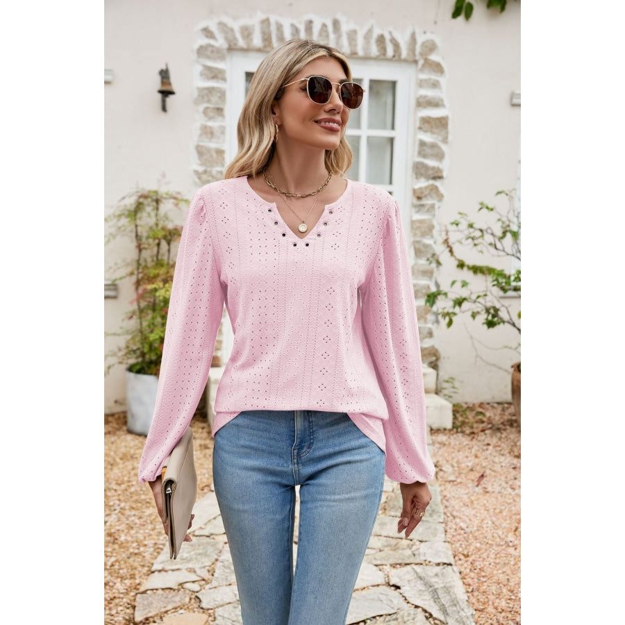 Eyelet Notched Neck Balloon Sleeve Blouse