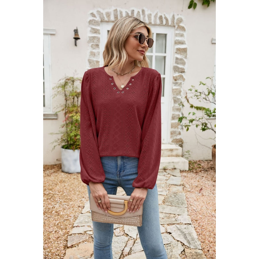 Eyelet Notched Neck Balloon Sleeve Blouse