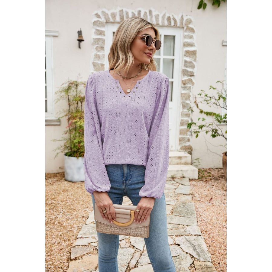 Eyelet Notched Neck Balloon Sleeve Blouse