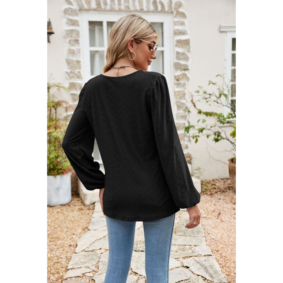 Eyelet Notched Neck Balloon Sleeve Blouse