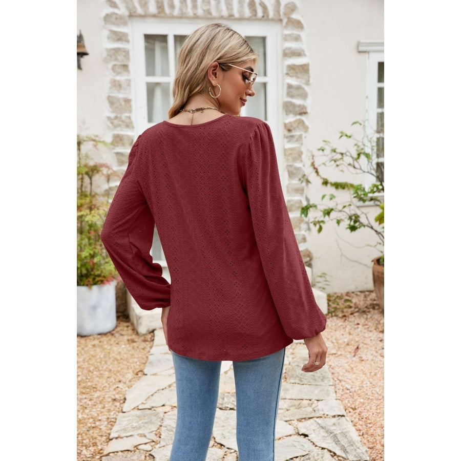 Eyelet Notched Neck Balloon Sleeve Blouse