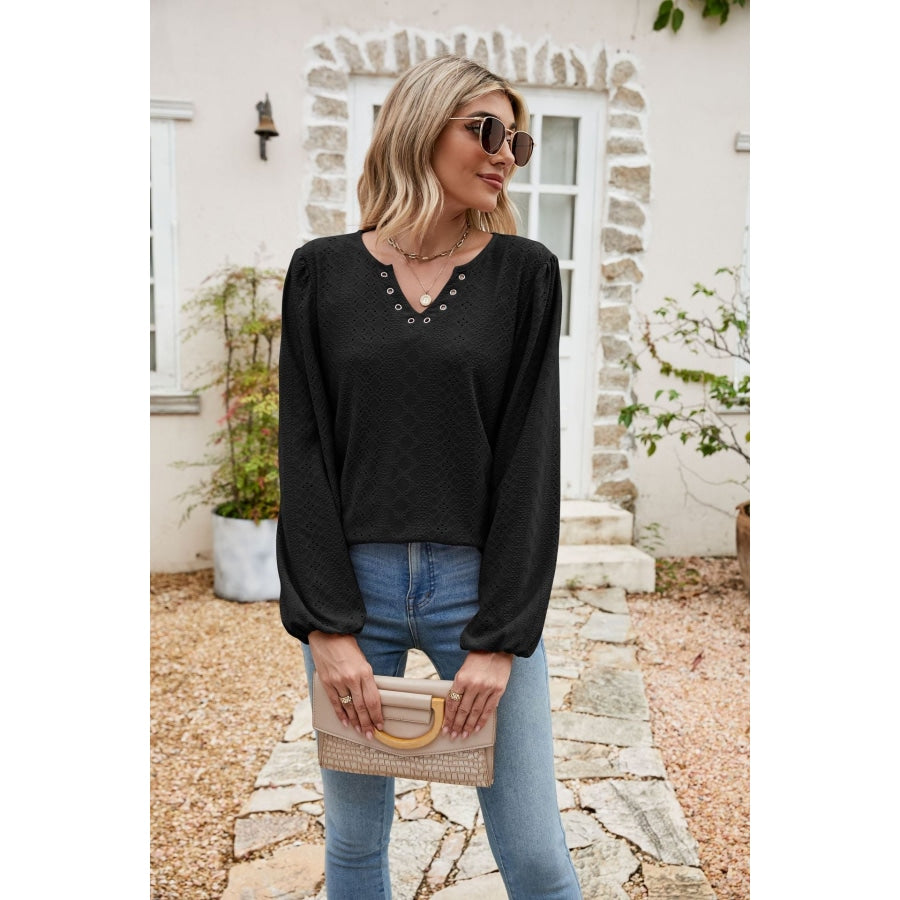 Eyelet Notched Neck Balloon Sleeve Blouse