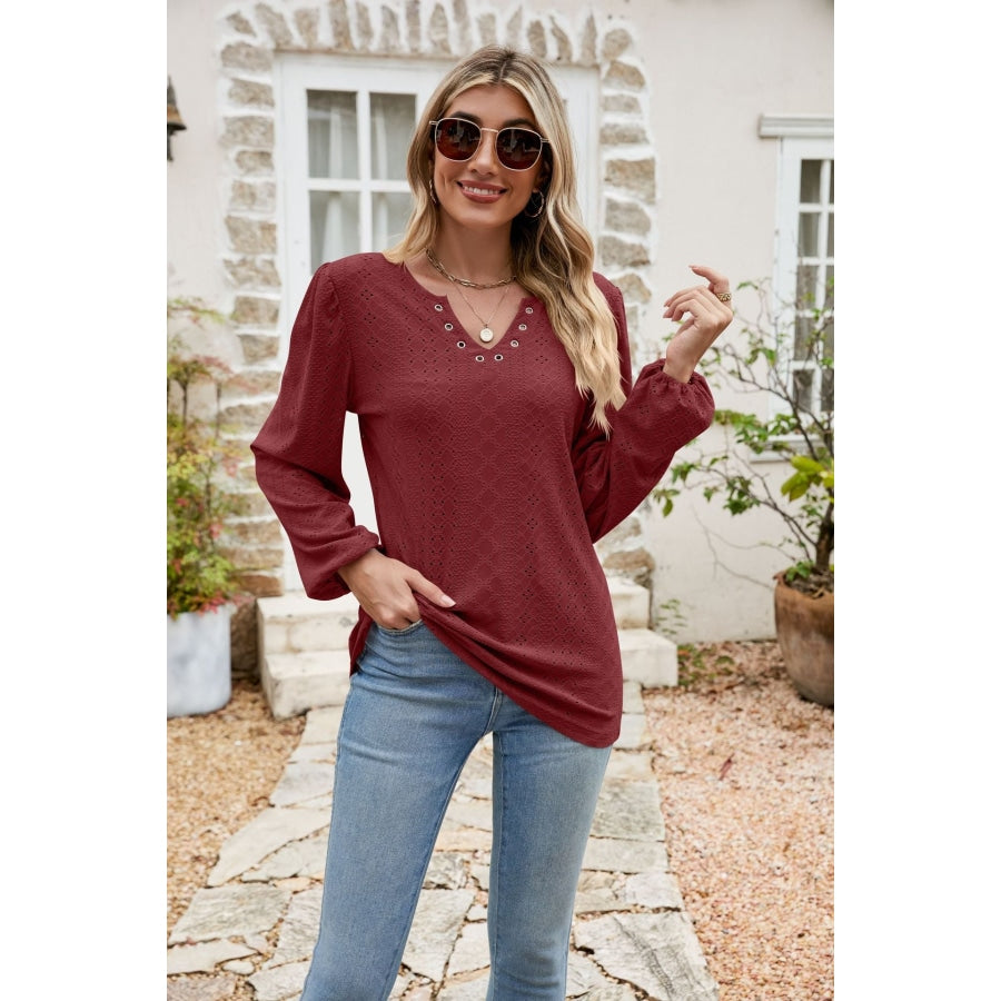 Eyelet Notched Neck Balloon Sleeve Blouse Wine / S