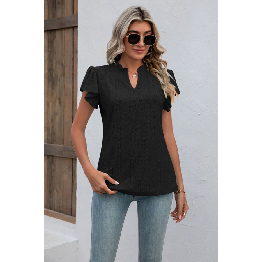 Eyelet Notched Neck Flutter Sleeve Top Black / S