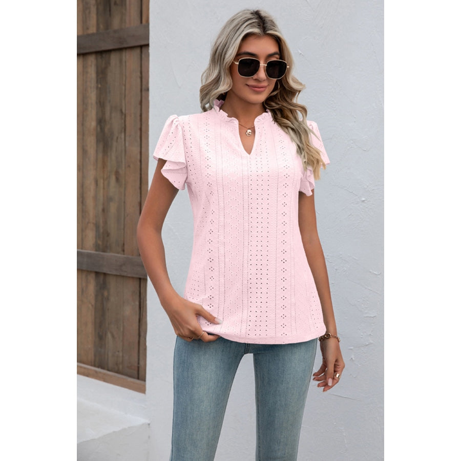 Eyelet Notched Neck Flutter Sleeve Top Blush Pink / S