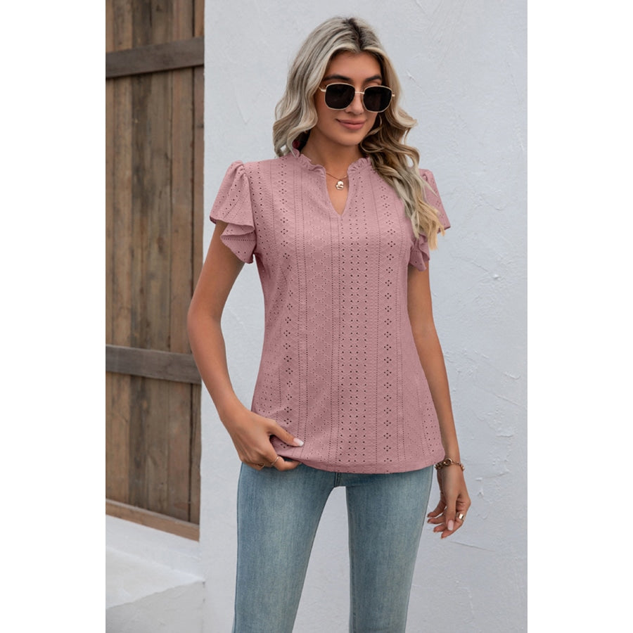 Eyelet Notched Neck Flutter Sleeve Top Dusty Pink / S