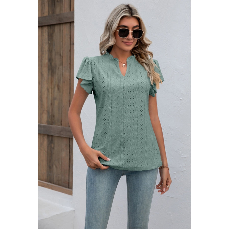 Eyelet Notched Neck Flutter Sleeve Top Gum Leaf / S