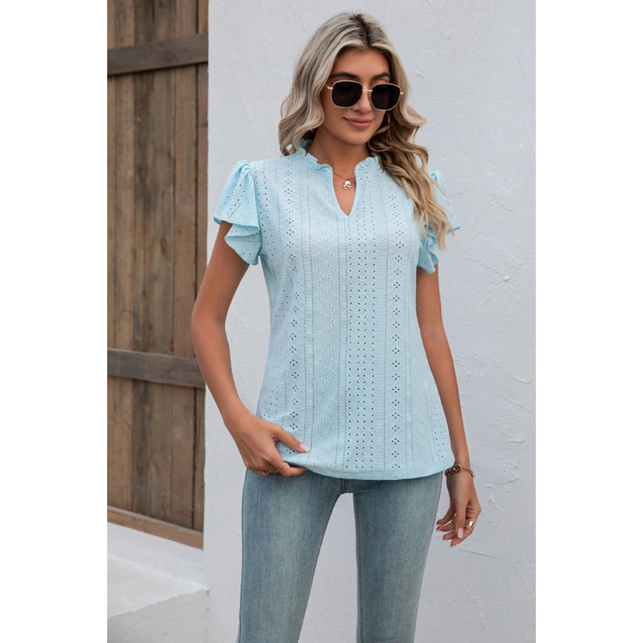 Eyelet Notched Neck Flutter Sleeve Top Pastel Blue / S