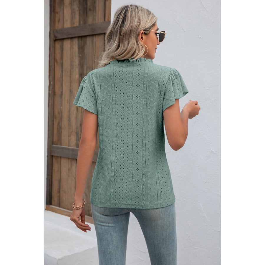 Eyelet Notched Neck Flutter Sleeve Top