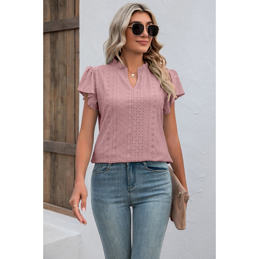 Eyelet Notched Neck Flutter Sleeve Top