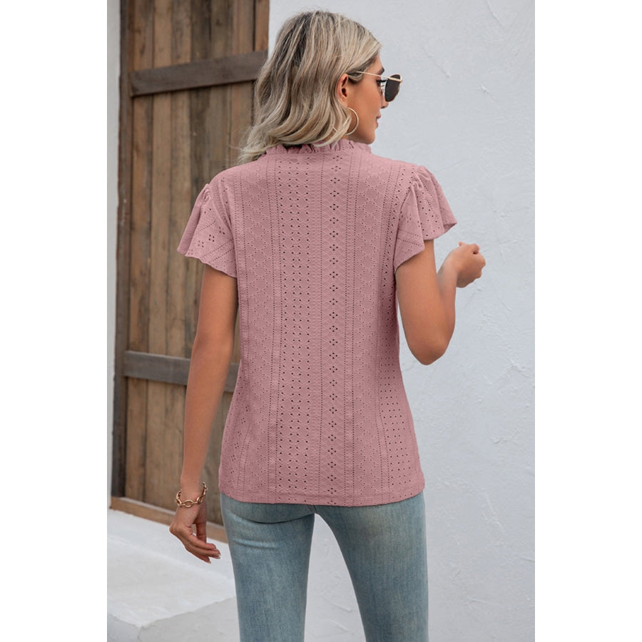 Eyelet Notched Neck Flutter Sleeve Top