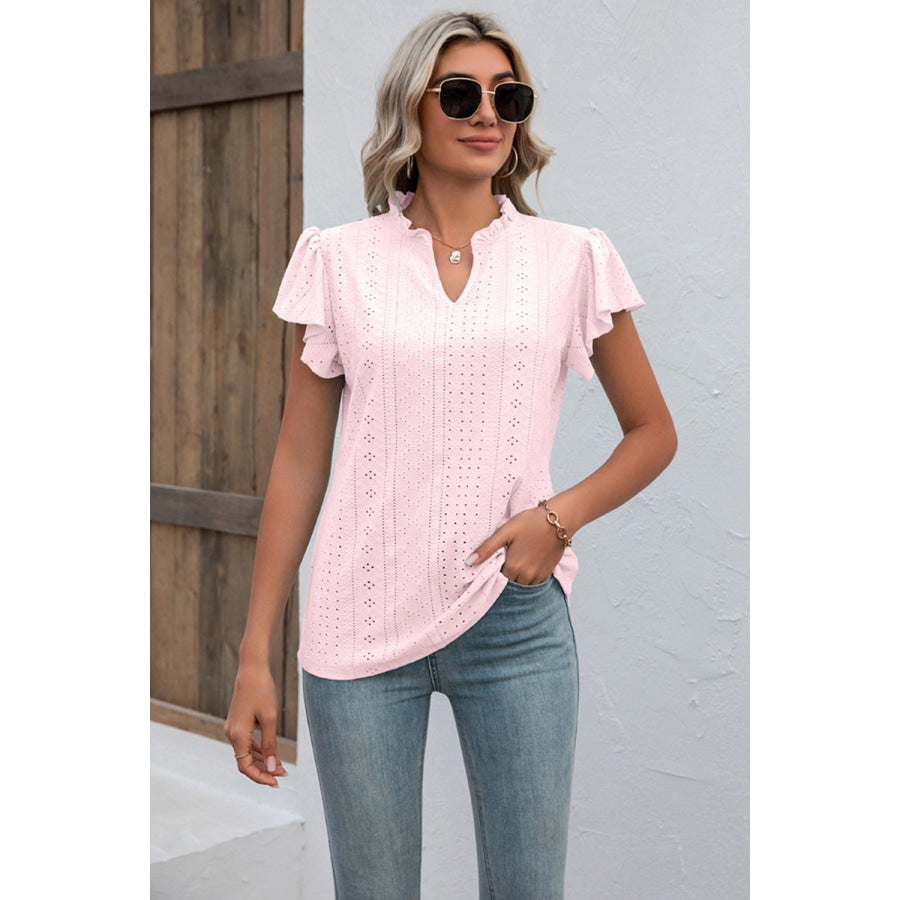 Eyelet Notched Neck Flutter Sleeve Top