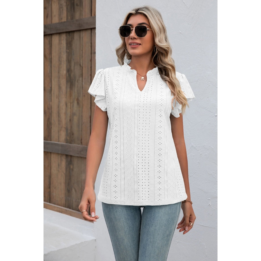 Eyelet Notched Neck Flutter Sleeve Top