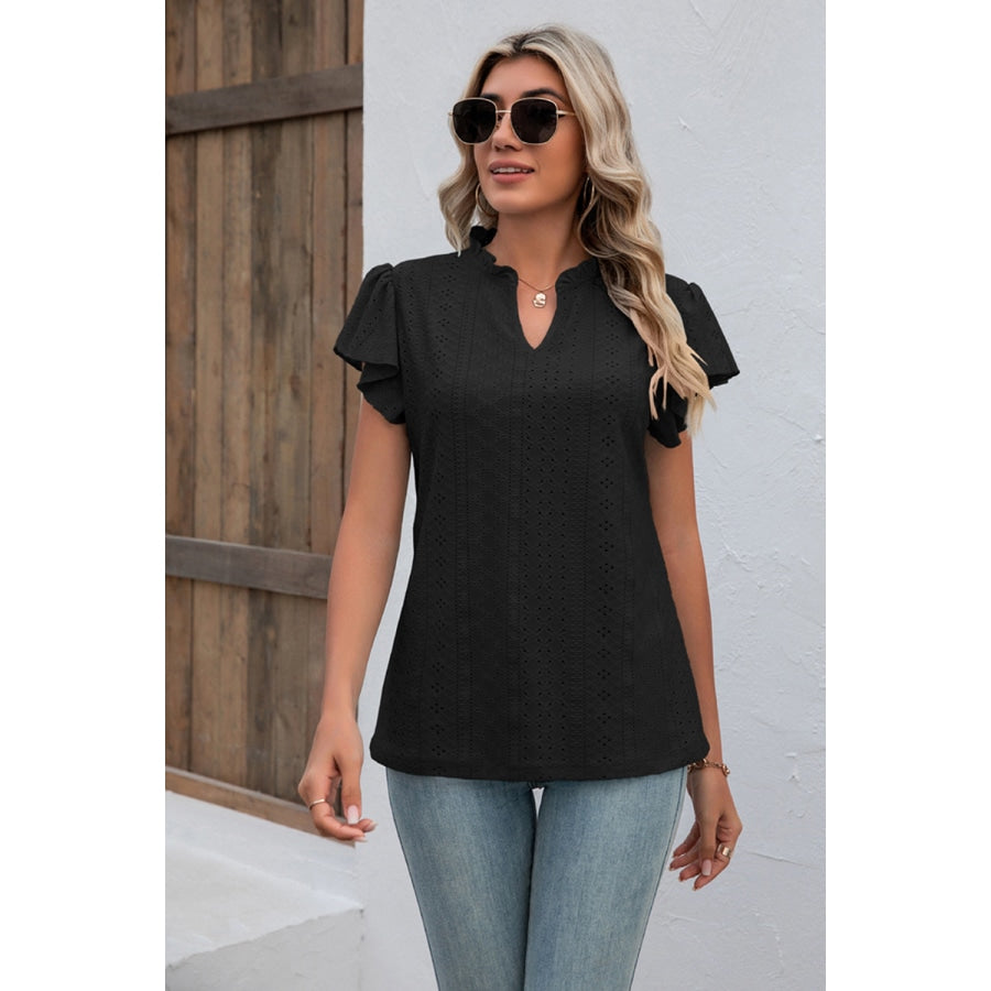 Eyelet Notched Neck Flutter Sleeve Top