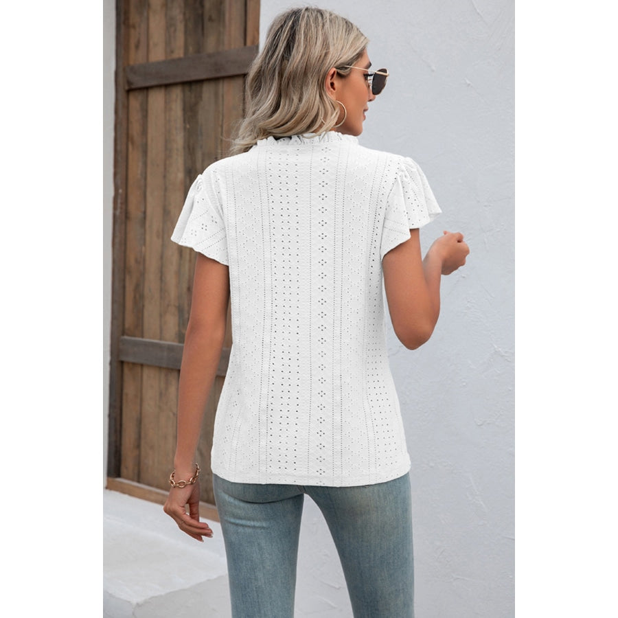 Eyelet Notched Neck Flutter Sleeve Top