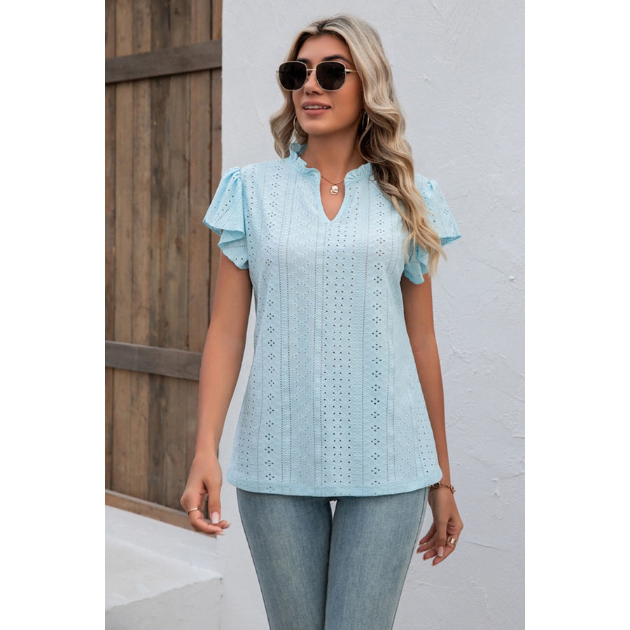 Eyelet Notched Neck Flutter Sleeve Top