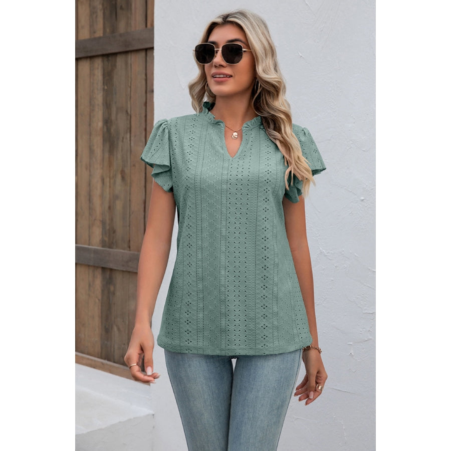 Eyelet Notched Neck Flutter Sleeve Top