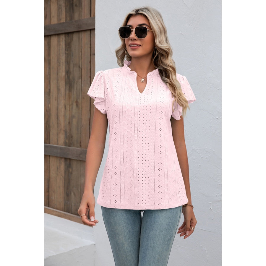 Eyelet Notched Neck Flutter Sleeve Top