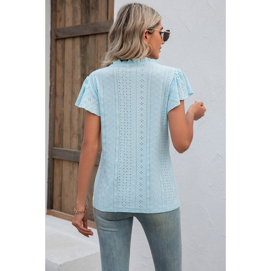 Eyelet Notched Neck Flutter Sleeve Top