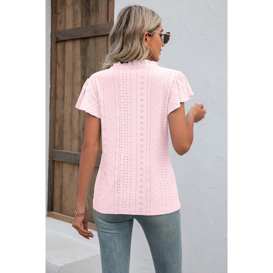 Eyelet Notched Neck Flutter Sleeve Top