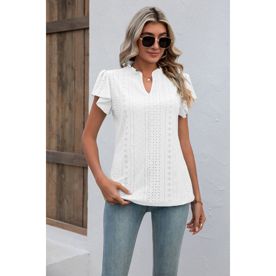 Eyelet Notched Neck Flutter Sleeve Top White / S