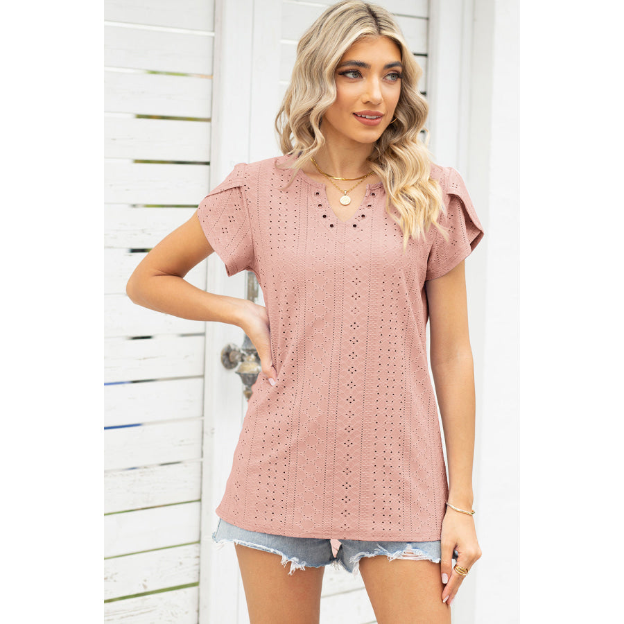 Eyelet Notched Petal Sleeve Blouse Apparel and Accessories