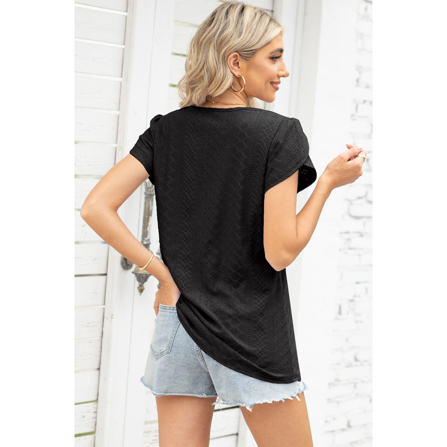 Eyelet Notched Petal Sleeve Blouse Black / S Apparel and Accessories