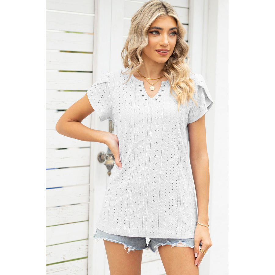 Eyelet Notched Petal Sleeve Blouse Apparel and Accessories