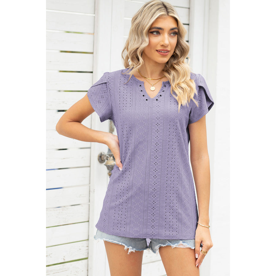 Eyelet Notched Petal Sleeve Blouse Apparel and Accessories