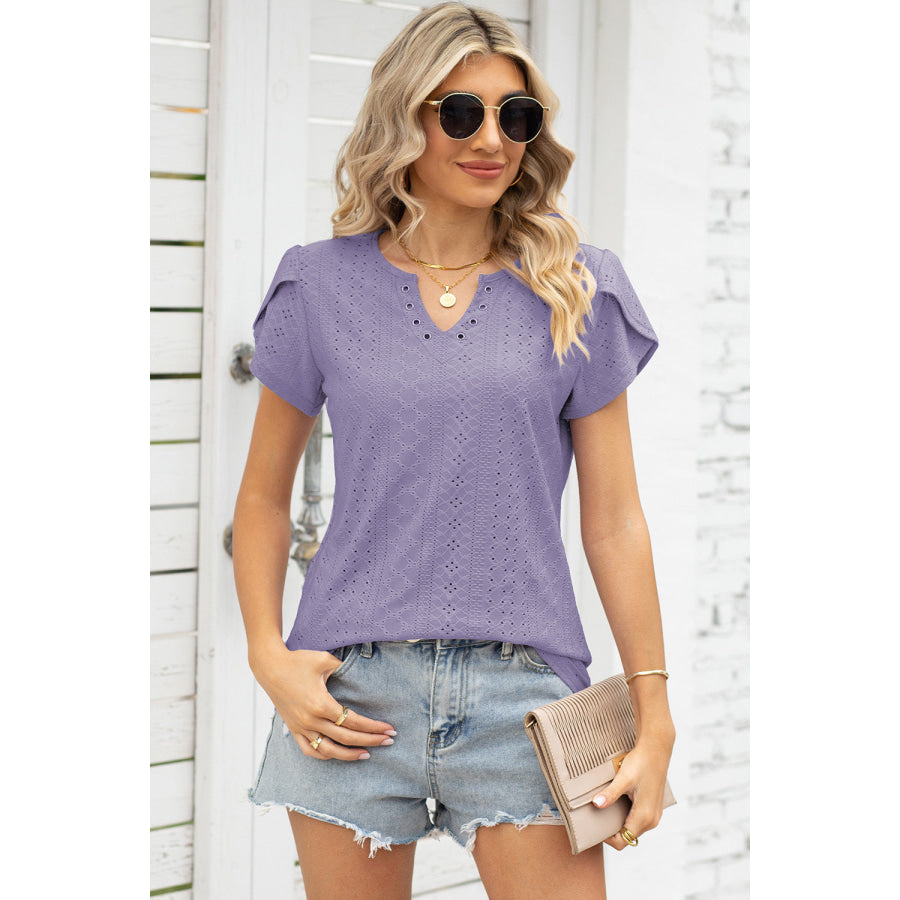 Eyelet Notched Petal Sleeve Blouse Lavender / S Apparel and Accessories