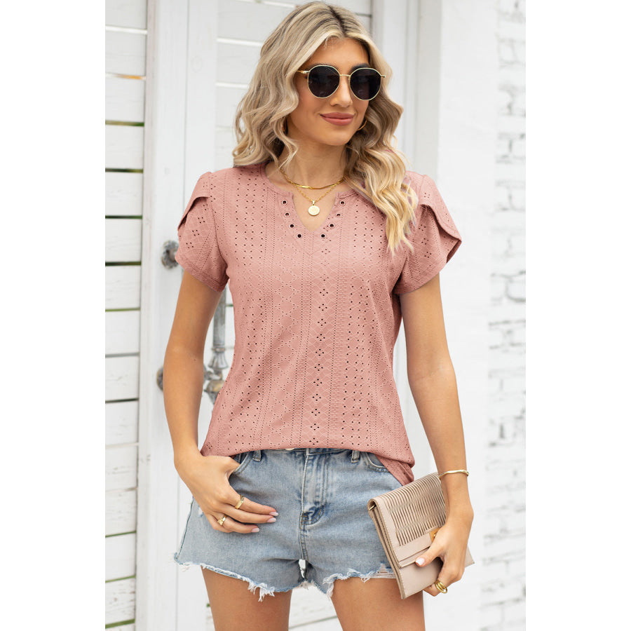 Eyelet Notched Petal Sleeve Blouse Pale Blush / S Apparel and Accessories