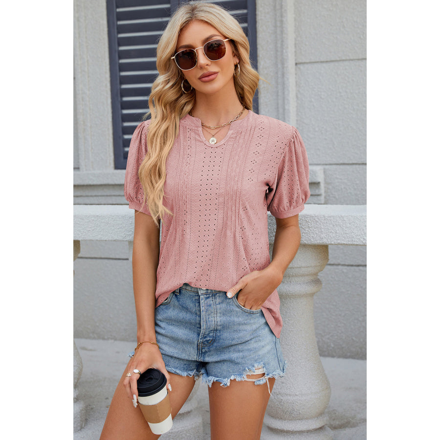 Eyelet Notched Puff Sleeve Blouse Apparel and Accessories