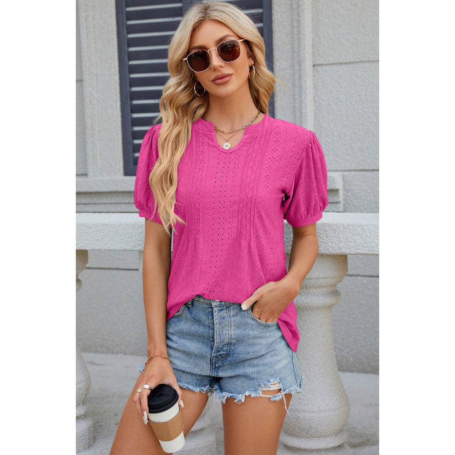 Eyelet Notched Puff Sleeve Blouse Apparel and Accessories