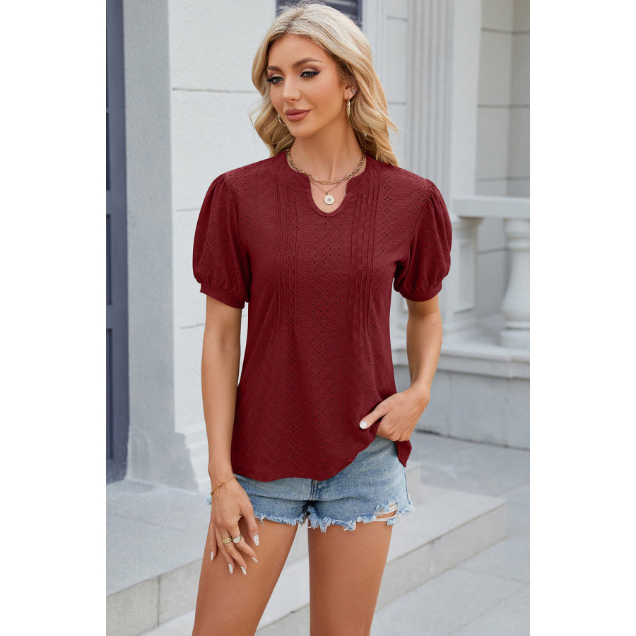 Eyelet Notched Puff Sleeve Blouse Apparel and Accessories