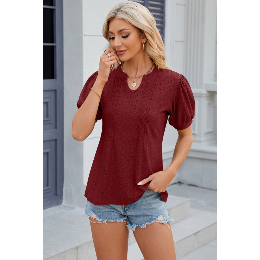 Eyelet Notched Puff Sleeve Blouse Apparel and Accessories