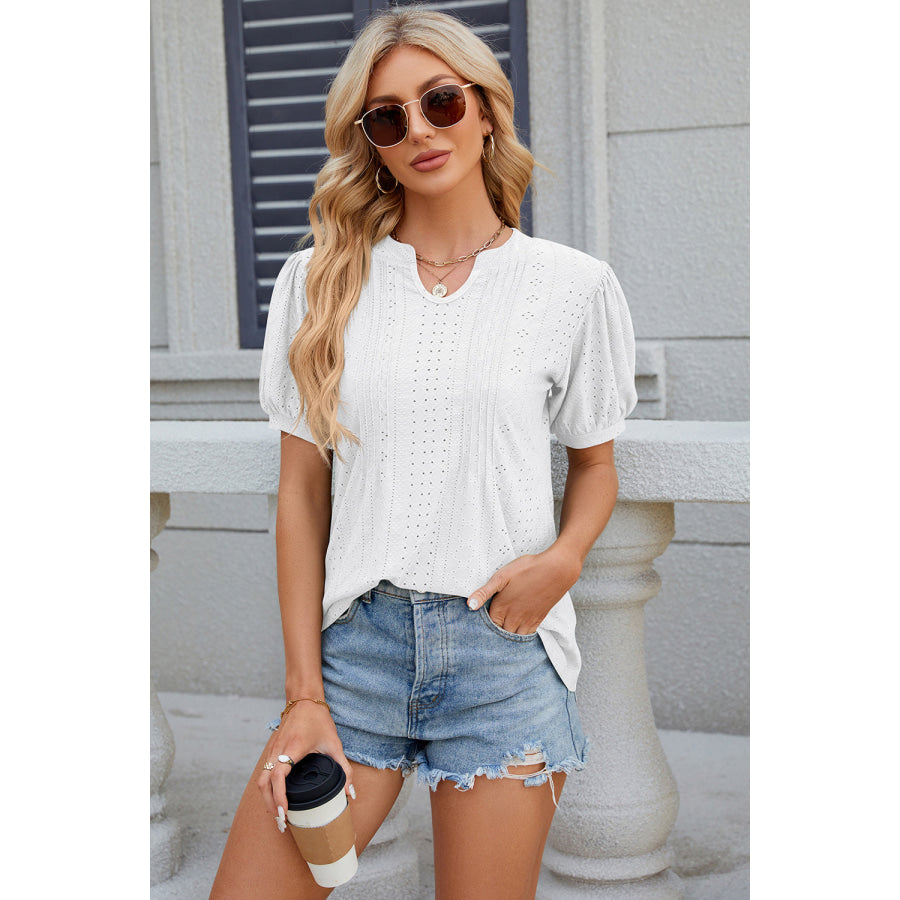 Eyelet Notched Puff Sleeve Blouse Apparel and Accessories