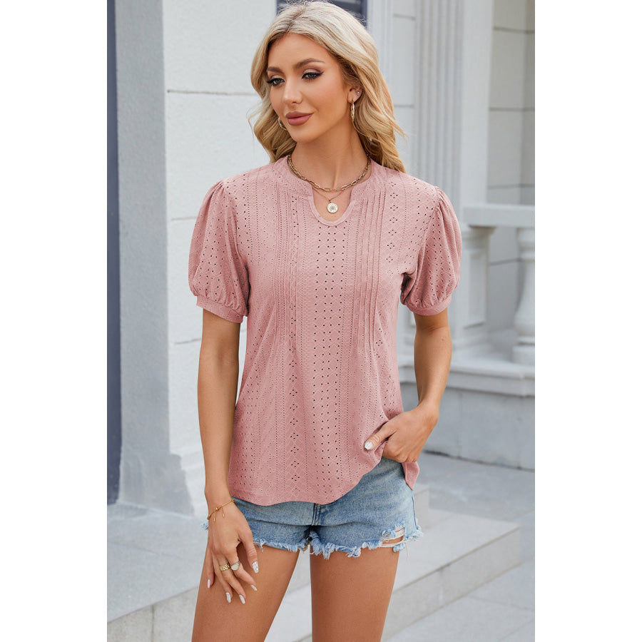 Eyelet Notched Puff Sleeve Blouse Dusty Pink / S Apparel and Accessories