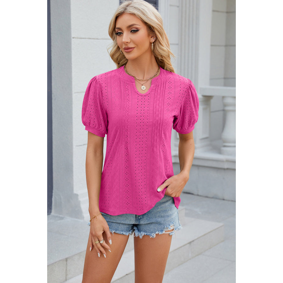 Eyelet Notched Puff Sleeve Blouse Hot Pink / S Apparel and Accessories