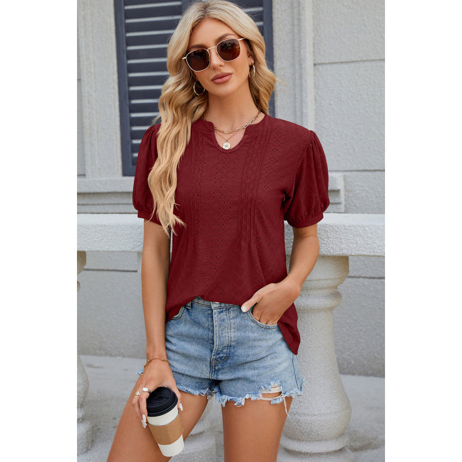 Eyelet Notched Puff Sleeve Blouse Wine / S Apparel and Accessories