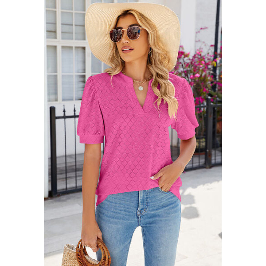 Eyelet Notched Puff Sleeve T - Shirt Apparel and Accessories